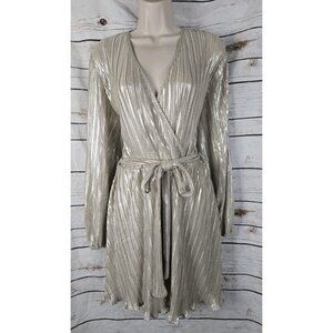 Bardot Gold Pleated Metallic Mini Dress 8 M Fit & Flare Tie Belt Faux Wrap